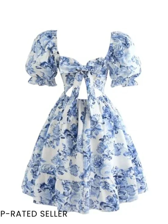 Floral Bowknot Back A-Line Dress Square Neck Puff Sleeve Smocked Vacation - Picture 2 of 5